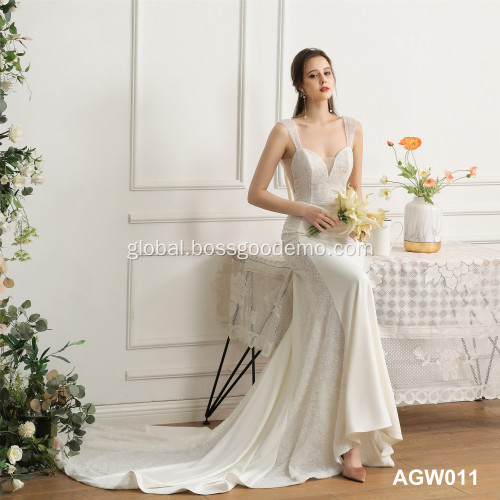 Lace Long Tail Wedding Dress Manufacturer custom ivory sleeveless V-neck bridal sexy backless lace long tail beaded mermaid sexy wedding dress Supplier